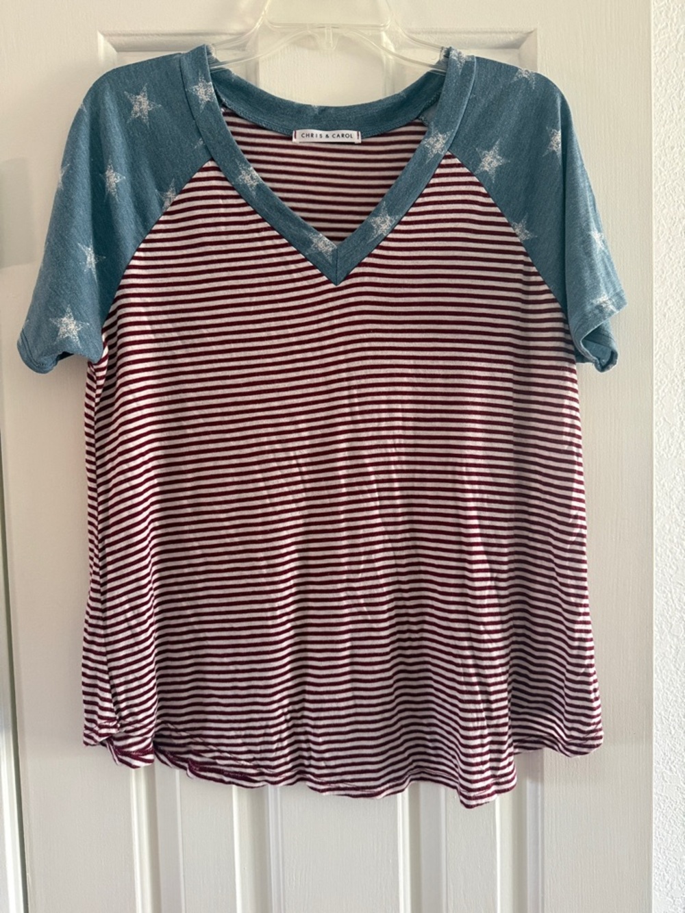 Chris & Carol Striped Patriotic  V-Neck Top in red white with Blue stars L